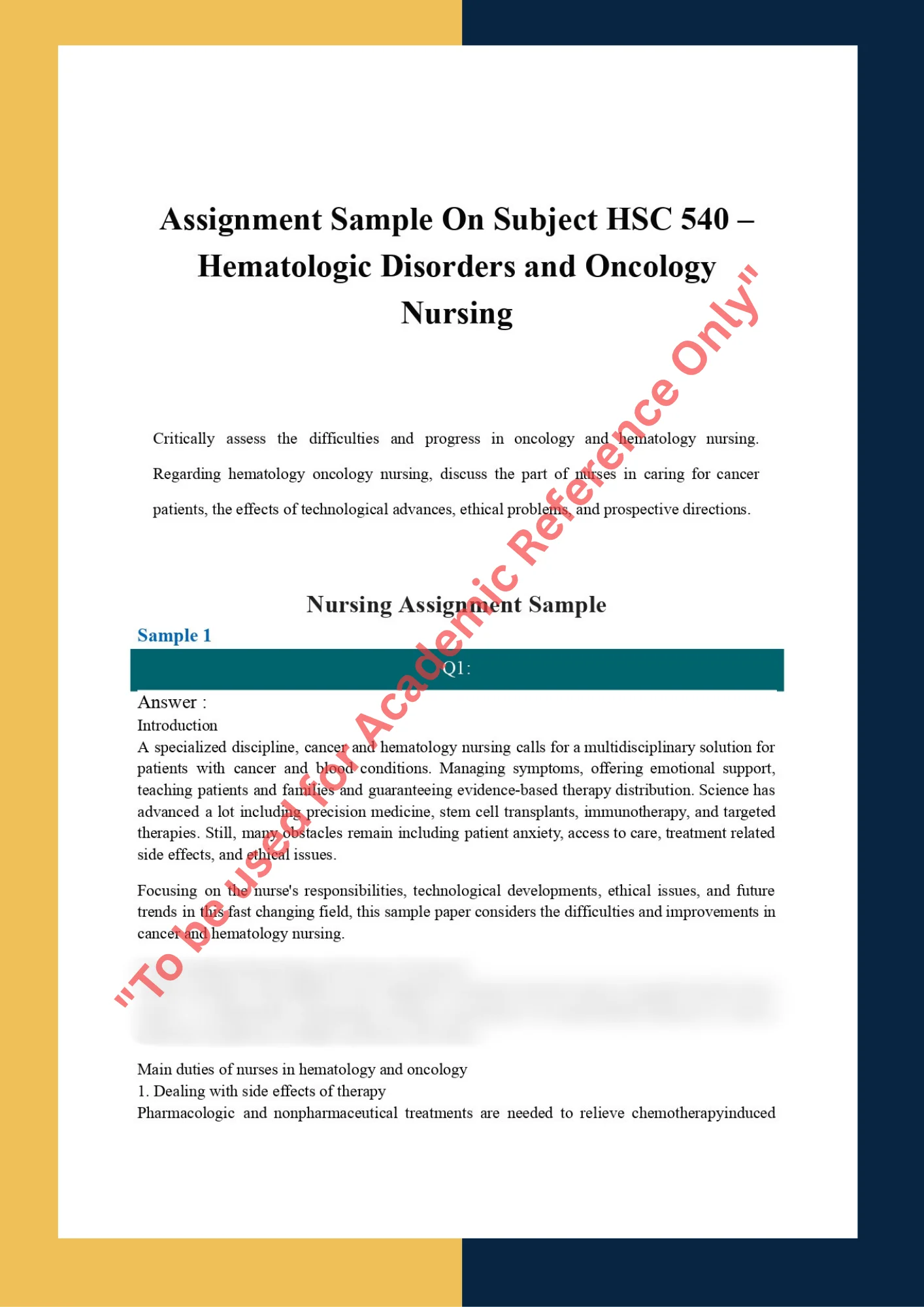 Assignment Sample On Subject HSC 540 – Hematologic Disorders and Oncology Nursing 0